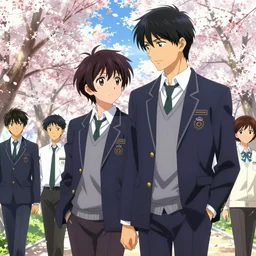 boy's love anime high school spring noon scene, high detail concept art, perfect proportions fine face, tall handsome guys, close together romantic undertones, avant designer uniform, vivid colors, realistic shaded lighting poster fantasy art james jean, kyoani, clamp, kazue kato, jeremy lipking, michael germash, makoto shinkai, loish cinematic