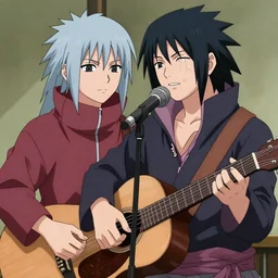madara uchiha playing guitar while obito uchiha sings into a microphone, anime key visual, digital art, anime screenshot, 4k, studio pierrot, trending on artstation