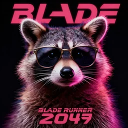 still of a poster with a close up photo of a real Raccoon wearing sunglasses, black background, in the movie Blade Runner 2049, HD, neon lit, highly detailed, no text