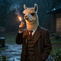 a personified llama wearing a 1 9 4 0's noire detective suit standing in the rain at night, smoking a cigarette as the fire from the cigarette lights up his face, digital art