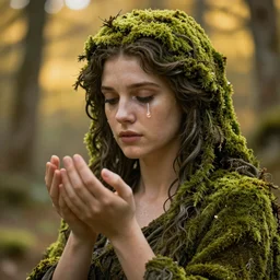 Moss-covered Gaia goddess shedding a single tear, golden hour, photorealistic, breathtaking, extremely detailed