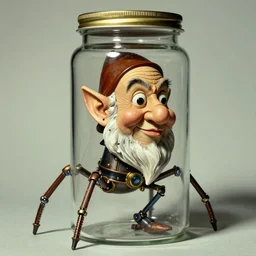A reanimated  gnome head in a steam punk glass canister that walks on mechanical spider legs, by salvador dali