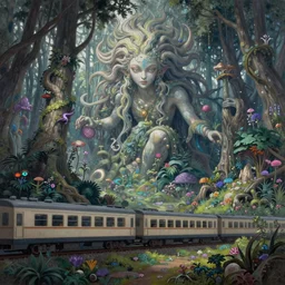 rebecca guay ’ s painting of ephemeral colossal forest spirits in an enchanted dreamlike otherworldly biome, in the style of demon slayer mugen train, mystical, wicca, fantasy, hyper realism, intricate, digital art, detailed, studio shot, unreal engine 5, octane, high definition, smooth, artstation, behance