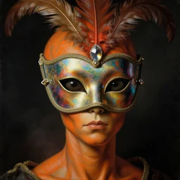 a baroque neoclassicist close - up portrait of a orange alien being gazing intensely with big eyes, wearing an iridescent retrofuturistic lovecraftian venetian mask with feathers, crystals, and zippers. head, face and shoulders, foggy black background. renaissance portrait painting. sci - fi retrofuture. highly detailed science fiction painting by norman rockwell, frank frazetta, syd mead and moebius. rich colors, high contrast, gloomy atmosphere, dark background. trending on artstation.