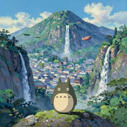 tiny kodama in front of a japanese city in the mountain surrounded by waterfall. cyberpunk, boats flying. beautiful blue sky. gorgeous epic nature, lofi, vivid colors, amazing light, by jeremy lipkin, by claude monet, heavily inspired by makoto shinkai, inspired by ghibli, masterpiece, multiple brush strokes, impressionist style