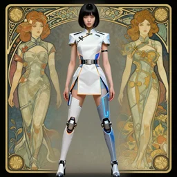 a digital concept art by artgerm, greg rutkowski and alphonse mucha. a high set geometric tailoring uniform. short black hair. clear portrait of an attractive japanese showgirl in hi - tech short cheongsam. cyber leg prosthesis!! white, grey blue and orange laser straps. metal belt. 8 k. hyper detailed