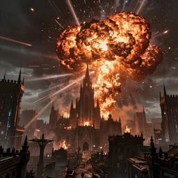 a meteor crashing in a gothic medieval cyberpunk city, giant explosion, fire, trail of smoke, high quality, detailed, 8k, unreal engine, octane render, trending on artstation