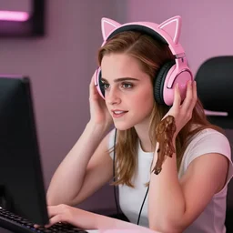 emma watson as a professional streamer, pink set up, cat headphones