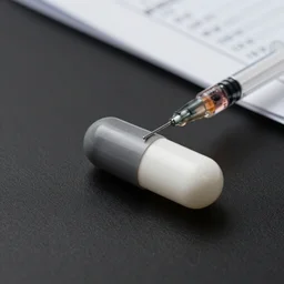 capsule with a syringe inside which particles magnetic liquid, on a black background out of documents, professional lighting