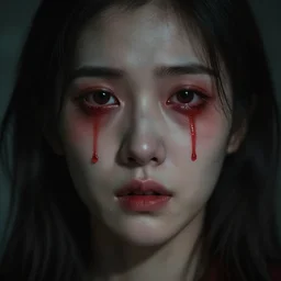 a closeup of a person looking straight at the camera with red tears, creepy, 8 k, movie shot