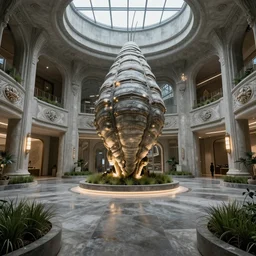 the portrayal of cement architecture styled by the shape of sea isopods, wide shot, interior, high - tech, glowing lights, wet, polished concrete floors, planters filled with grass, skylights, hyperrealistic, full shot, highly detailed and intricate, ornate, luxury, elite, creepy, ominous, haunting, cinematic