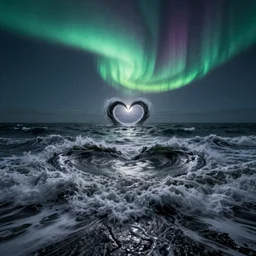 stormy sea with waves forming like an heart in the horizon moon stars northern light