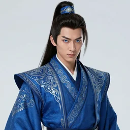 male martial artist with a high ponytail!!! asian facial features and blue eyes!! intricate ornate blue robes!! character concept art, sharp focus, octane render! unreal engine 5! highly rendered!! trending on artstation!! detailed linework!! illustration by artgerm, wlop, and chie yoshii