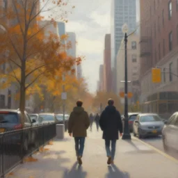 a walk in manhattan, volumetric lighting, autumn, morning, overcast weather, few clouds, realistic illustration, perfectly shaded, soft painting, art by krenz cushart and wenjun lin