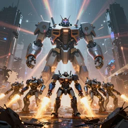 squad of giant robots ready to fire in an environment of a ruined city, unreal engine, octane, ray tracing, volumetric light, chromatic, prismatic, shine, rays, lens, artsation trends, jakub rozalski art style