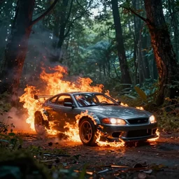 [ cyberpunk car on fire in the middle of the woods ] stylized artgerm artstation hd cgsociety cgi realistic dramatic cinematic artistic trending detailed