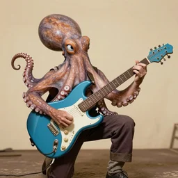 vintage photograph of an octopus playing blues guitar with its tentacles