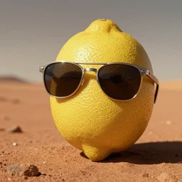 a lemon wearing sunglasses in mars, autochrome photograph, atmospheric, film grain, trending on artstation, warm colors