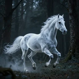 Ghost horse, running through a dark forest, whispy trail, high quality render, unreal engine, 4k, trending on artstation