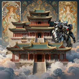 dreamland of chinese ancient architecture in clouds from chinese myth, fantastic colors, ancient japanese, gothic diablo art, rococo art, cyberpunk, mecha, ominous, intricate, studio, art by anthony macbain + greg rutkowski + alphonse mucha, concept art, 4 k, sharp focus