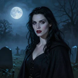 riveting charismatic brunnette female vampire, portrait, atmospheric lighting, painted, intricate, highgate cemetery, fog, cold, volumetric lighting, beautiful, blue moon light, sharp focus, deep colours, ultra detailed, by leesha hannigan, ross tran, thierry doizon, kai carpenter, ignacio fernandez rios