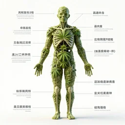 human body made of cannabis, detailed anatomical diagram, pointers with descriptions, illustration, 4 k