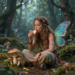 A hippy fairy eating mushrooms in a magical forest