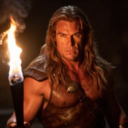 closeup Photo of Conan the Barbarian in a torchlit dungeon, rim lighting, octane, Natasha Tan, Maciej Kuciara, Edgar Rice Burroughs,
