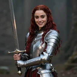 emilia clarke, as a medieval fantasy character, with dark reddish hair, wearing light, silver armor and red clothing, tan complexion, holding a longsword, smiling, noble, cinematic, gloomy, realistic, digital art, character art, 8 k