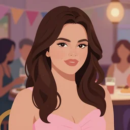 beautiful curvy woman resembling selena gomez at a birthday party. detailed face. clean cel shaded vector art. shutterstock. behance hd by lois van baarle, artgerm, helen huang, by makoto shinkai and ilya kuvshinov, rossdraws, illustration,