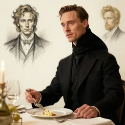 tom hiddleston eating dinner, character sheet, character design, contrast, deep focus, turnaround, highly detailed, dramatic lighting, digital painting, artstation, concept art, matte, sharp focus, illustration, elegant, art by artgerm and greg f and alphonse mucha.