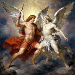 the archangel michael battling lucifer in heaven by terrance lindall