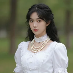 beautiful victorian girl, white dress, black hair, large pearl necklace