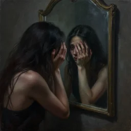 a highly detailed painting meant to represent suicidal thoughts and the hell of despair, chiaroscuro, light and dark, mirror, sadness