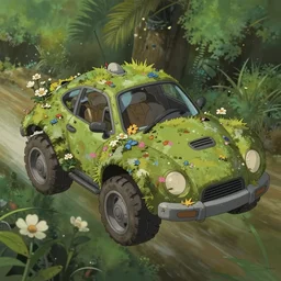 a wholesome animation key shot of a post apocalyptic 8 0's robotic flying car, covered by nature hipster vibes by studio ghibli, animation, sharp, rendered in unreal engine 5, focused, anime key art by greg rutkowski, bloom, dramatic lighting