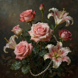 beautiful digital matter cinematic painting of whimsical botanical illustration of roses and lilies and strings of pearls whimsical scene bygreg rutkowki artstation