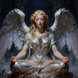 a colorful neoclassicist close - up portrait of a big - eyed sci - fi angel meditating in a sanctuary at night. reflective textures. glowing fog. highly detailed fantasy science fiction painting by moebius, norman rockwell, frank frazetta, and syd mead. rich colors, high contrast, gloomy atmosphere, dark background. artstation