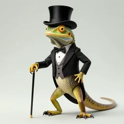 a lizard with human arms and legs, wearing a top hat and tuxedo, with a cane in one hand