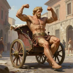 a highly detailed matte portrait painting of a hercules in a chariot, on a roman street, flexing his muscles, in the style of greg rutkowski, digital art