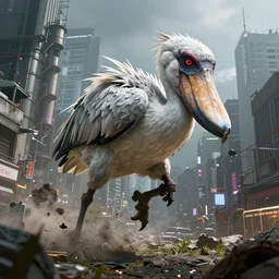 gigantic evil shoebill rampaging through tokyo. concept art, ambient light, 4 k, intricate details, highly professionally detailed, cgsociety, highly detailed