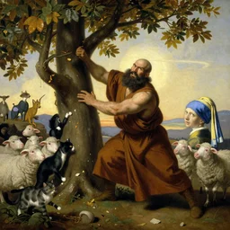 full character of a beard strong monk pull out a tree, cats and sheeps, painting by gaston bussiere, katsuya terada, nc wyeth, greg rutkowski, craig mullins, vermeer, frank frazetta, mucha, tom of finland, trending on artstation, jeffery catherine jones