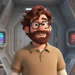 cell shaded, welcoming, happy, husky, nerdy man character portrait, inside a borg cube, wearing polo shirt, earth tones, dark auburn wavy hair, full beard, glasses without frames, freckles, by don bluth, highly detailed, dynamic shadows, 4 k, wallpaper - 1 0 2 4