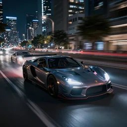 cars racing through night city, photorealistic