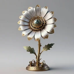a victorian, steampunk, mechanical daisy flower, highly ornate, vray, 8 k, product shot, cinema 4 d