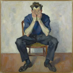 painting of a man sitting on a chair hiding his face with hands staring at you by georg baselitz, expressive painting, multi layered thick brushstrokes, medium shot, high quality