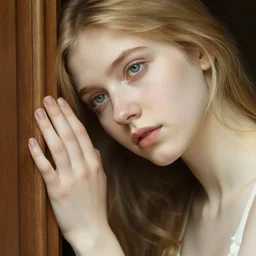 girl in thought by auguste toulmouche and bouguereau, bright light, perfect detailed eyes, beautiful hands, pale skin, blonde hair, leaning on door