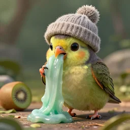 epic scene of a kiwi bird in a wooly hat eating slime, 8k, detailed