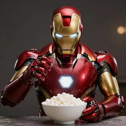 iron-man is eating a bowl of pilmeni, hyper-realistic, photorealistic, cinematic, studio lighting