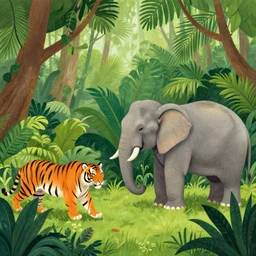 detailed illustration, a lush tropical jungle in the style of may gibbs, tiger, elephant, 🐅, 🐘, layered composition, layers, texture, textured, layered, sculpted, dynamic, jungle, tropical, 🌱, 🦋,