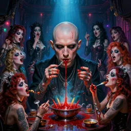 hyper realistic matte painting portrait of bald british man surrounded by tweakers!! addicts!! groupies! performing ritual blood!! magic! interior of goth club electric lighting greg rutkowski artstation hdr vivid color vaporwave ( ( ( ( alphonse mucha ) ) ) )